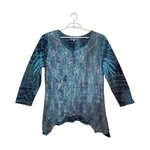 Vtg Women's Blue Floral Lace Animal Print Asymmetrical Tunic Fairy Grunge Y2K XL